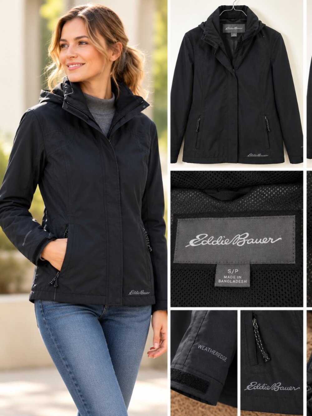 Eddie Bauer Women's Black Hooded Rain Jacket Waterproof Coated Outdoor S